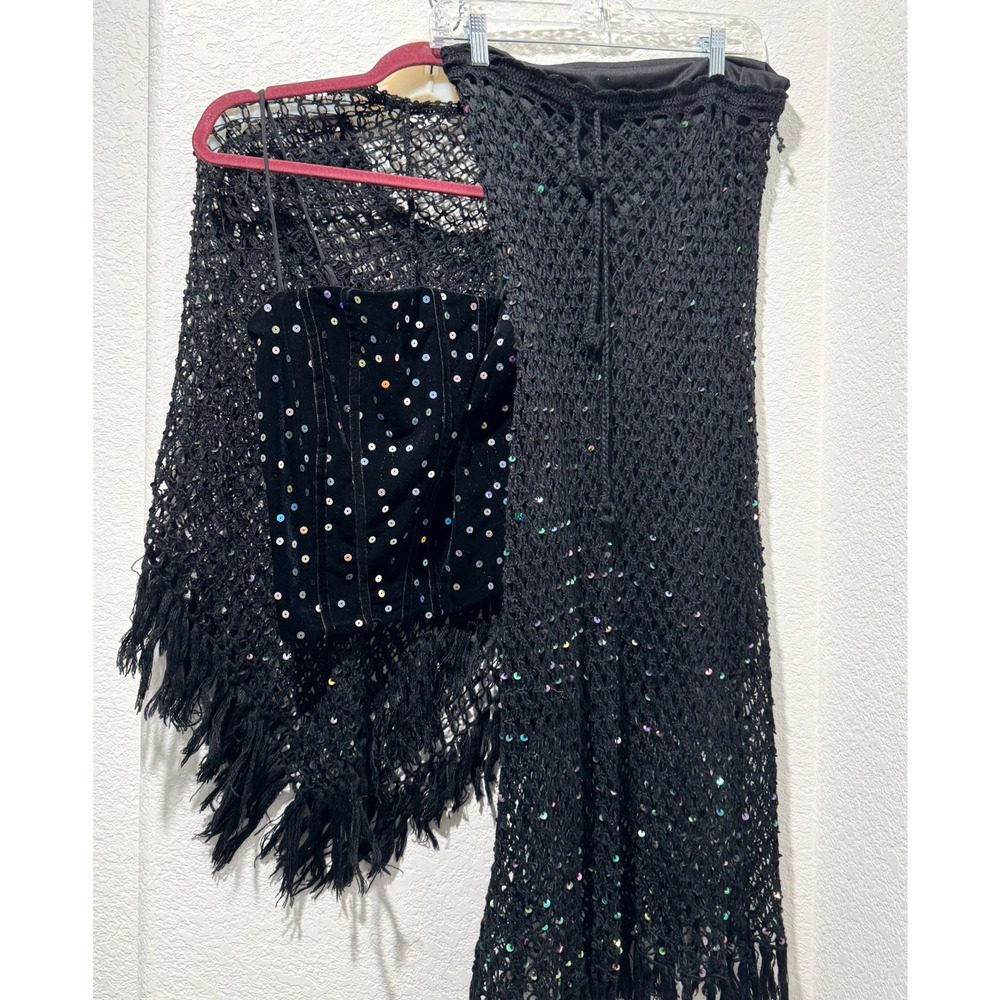 Vintage 90s Betsey Johnson Y2K Crochet Black Fairy Skirt Camisole Poncho Set S